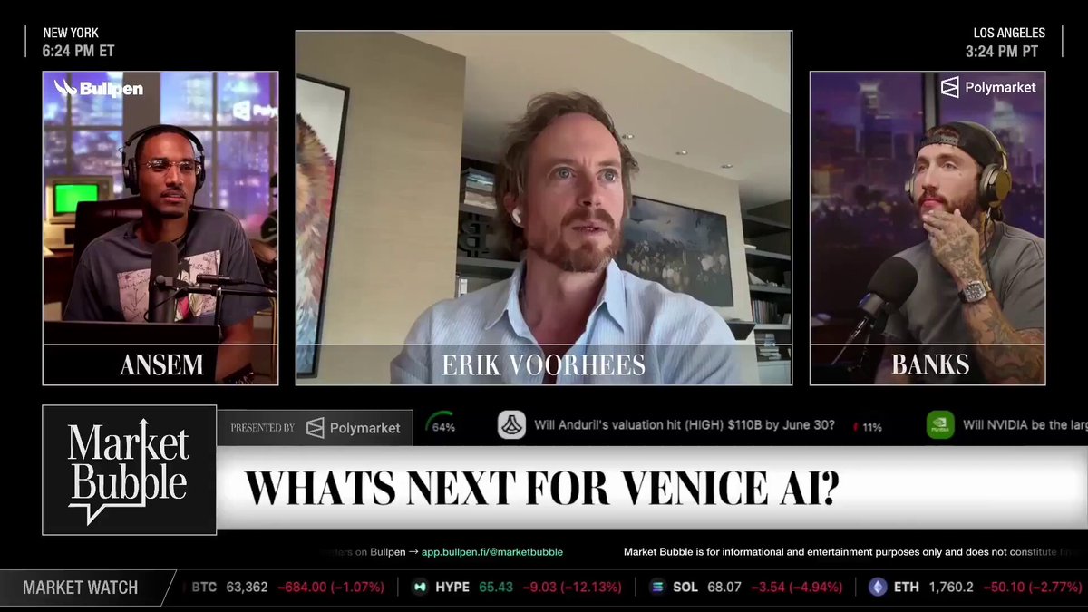 The image shows a computer screen displaying three different people's faces, with each person wearing headphones. The screens are positioned at various angles, creating an interesting visual effect. The background of the image features text that reads "What's Next for Venice AI?". This suggests that the image is related to a discussion or presentation about the future of artificial intelligence and its potential applications in the city of Venice.