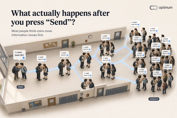 An Optimum infographic titled 'What actually happens after you press Send?' illustrating how cryptocurrency transactions spread information first to a network of validators before coins move.