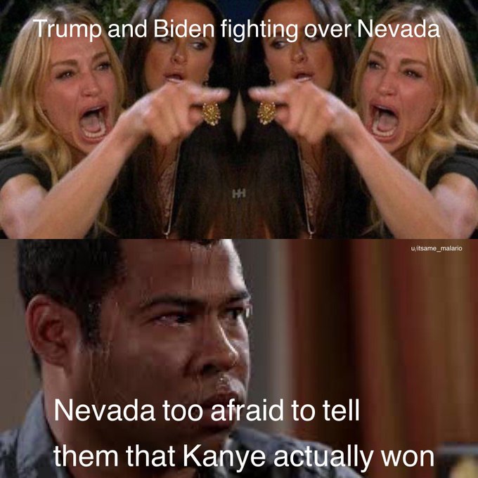 The image shows a split screen of two different posts, one being about Trump and Biden fighting over Nevada and the other discussing the rapper Kanye West. The first post is titled "Trump and Biden Fighting over Nevada" while the second post has a caption that reads "Nebraska too afraid to tell them that Kanye actually won".