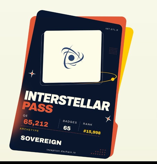 Digital 'Interstellar Pass' card showing QE 65,212, Badges 65, Rank #15,998, Archetype Sovereign, from inception.dachain.io.