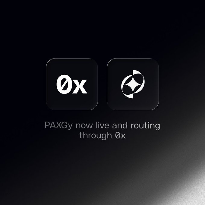 Promotional graphic with dark background showing two app icons labeled '0x' and a star logo, with text 'PAXGy now live and routing through 0x'.