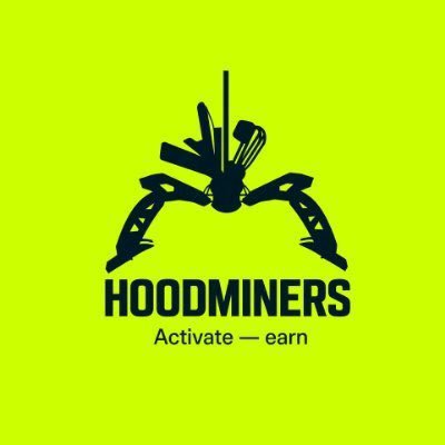 A neon yellow-green logo featuring a black silhouette of a mechanical mining tool or claw, with the text 'HOOMINERS' and the tagline 'Activate — earn' beneath it.