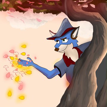 A 2D animated drawing features a blue-furred, anthropomorphic canine character with white hair standing by a tree and blowing glowing yellow petals from their hand.