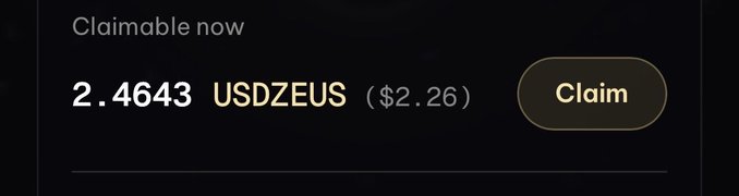 A dark-themed digital interface showing a claimable balance of 2.4643 USDZEUS (~$2.26) with a 'Claim' button.