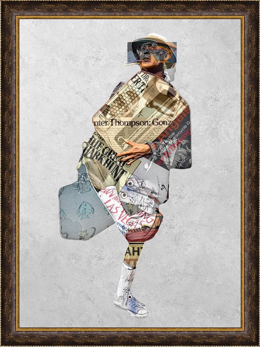 A framed mixed-media artwork of a fashion model wearing a hat and sunglasses, with the body constructed from collaged newspaper clippings, currency notes, and printed text including "Hunter Thompson".