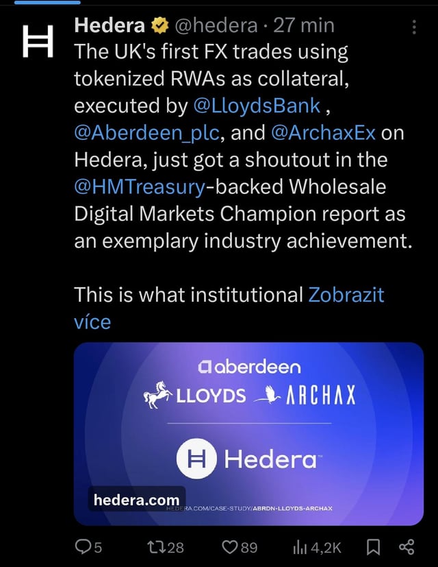 The image shows a Hedera (@hedera) tweet announcing the UK's first FX trades using tokenized RWAs as collateral by Lloyds Bank, Aberdeen, and Archax on the Hedera network, featuring a graphic with logos of Aberdeen, Lloyds, Archax, and Hedera alongside a link to a case study at hedera.com.