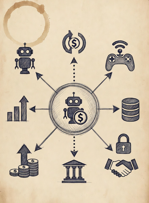A hand-drawn sketch on aged paper depicting a central robot/AI with a dollar sign connected by arrows to various icons including another robot, a game controller, a database, a padlock, a handshake, a bank, growing money stacks, and an upward bar chart.
