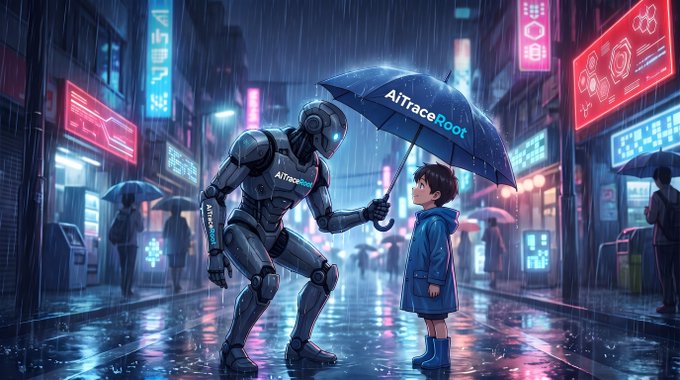 A futuristic robot holding an "AiTraceRoot" umbrella shields a child from the rain on a neon-lit city street, visually illustrating AiTraceRoot's protective role in navigating the turbulent Web3 landscape.