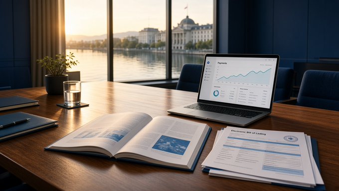 A polished wooden desk scene featuring an open reference book, a laptop displaying a financial dashboard, and documents labeled 'Electronic Bill of Lading', with a riverfront city view through the window.
