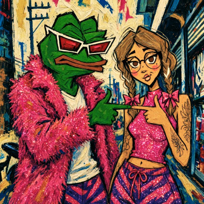 A colorful, textured painting of two stylized characters: a green frog-like figure wearing red sunglasses and a pink fuzzy jacket pointing at a girl with brown braids, glasses, and a pink top.