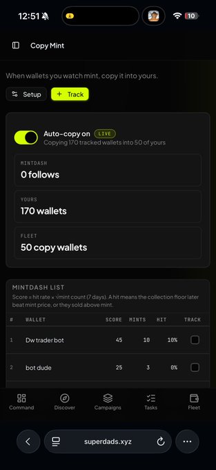 A dark-themed mobile interface for "Copy Mint" displays a wallet-tracking dashboard at 12:51, showing "Auto-copy on LIVE" with the ability to copy 170 tracked wallets into 50 user wallets, including stats like "0 follows," "170 wallets," and "50 copy wallets," along with a "MINTDASH LIST" ranking two entries—"Dw trader bot" (score 45, 18 mints, 10% hit) and "bot dude" (score 25, 3 mints, 0% hit)—each with a track checkbox, illustrating the new wallet ranking and selection features highlighted in the update for @eDash's Copy Mint tool.