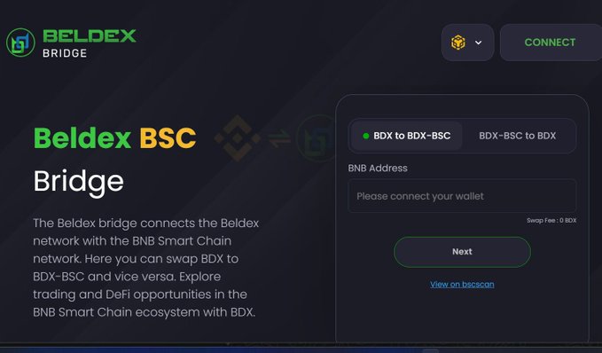 Screenshot of the "Beldex BSC Bridge" interface, showing options for swapping between BDX and BDX-BSC, with a prompt to connect a wallet.