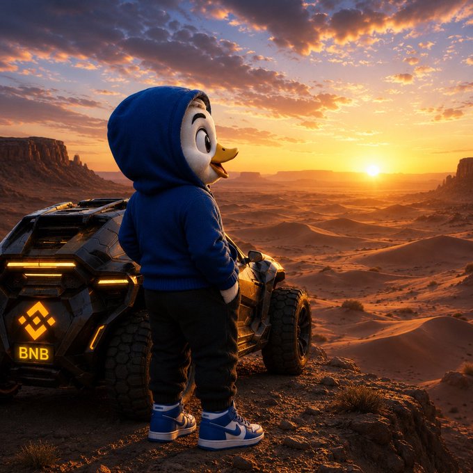 A duck-headed figure in a blue hoodie stands beside a rugged off-road vehicle marked "BNB" with its logo, gazing out over a vast desert canyon at sunrise—symbolizing the promise of catching the next big opportunity before the market awakens, mirroring the post's message about early entry into the $Aidove token on the BNB chain.