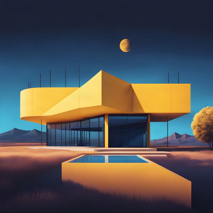A digital illustration of a modern, angular yellow house with large glass windows and a swimming pool in the foreground, set against a twilight landscape with a crescent moon in the sky.