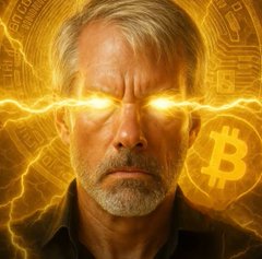 A Michael Saylor-style AI generated image of a serious older man with glowing yellow Bitcoin-logo eyes against a dark, lightning-filled background.