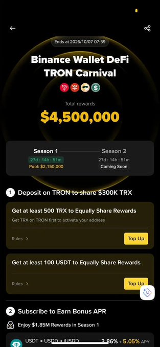 Another view of the Binance Wallet DeFi TRON Carnival page showing $4,500,000 in total rewards and Earn Bonus APR subscription options.