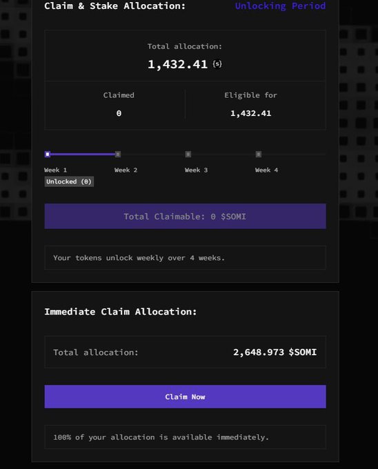 Dark-themed crypto token claim interface showing 'Claim & Stake Allocation' and 'Immediate Claim Allocation' for $$SOMI, with a 4-week unlocking schedule and a 'Claim Now' button.
