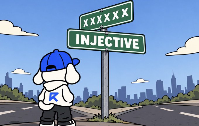 A cartoon character wearing a blue cap and a hoodie with the "R" logo stands before two street signs reading "XXXXX" and "INJECTIVE," gazing down a road that stretches toward a city skyline. The image visually reinforces the post's message about "$INJ" opening new paths or opportunities, symbolizing the token leading to future growth and new possibilities.