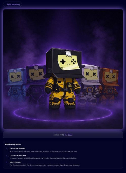 Digital interface showing a purple-themed 3D character NFT collection with a "Mint awaiting" status and instructions on how minting works, indicating 0 of 2222 minted.