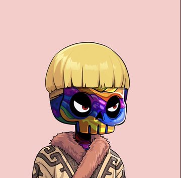 A digital illustration of a stylized character with a rainbow-colored skull face and red eyes, sporting a blonde bowl-cut hairstyle and wearing a furry-collared jacket with geometric patterns.