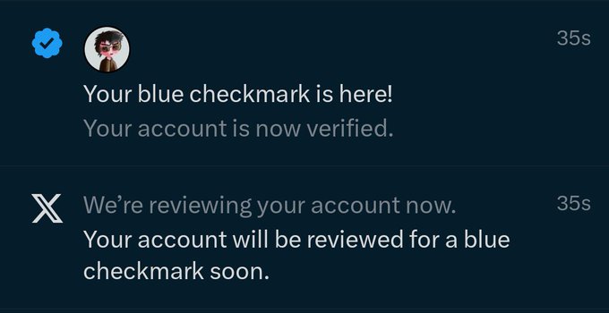 A screenshot showing Twitter verification notifications, indicating a blue checkmark has been received and another account is under review.