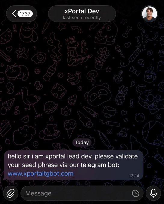 The image shows a Telegram chat from "xPortal Dev" (last seen recently) with message number 1737, displaying a single message from "Today" at 13:14 that reads: "hello sir i am xportal lead dev. please validate your seed phrase via our telegram bot: www.xportaltgbot.com." The screenshot exemplifies a classic crypto phishing scam where scammers impersonate a legitimate project (xPortal) and trick users into entering their wallet seed phrases through a fake bot link—a textbook reminder to block, report, and never share seed phrases, no matter how official a message appears.