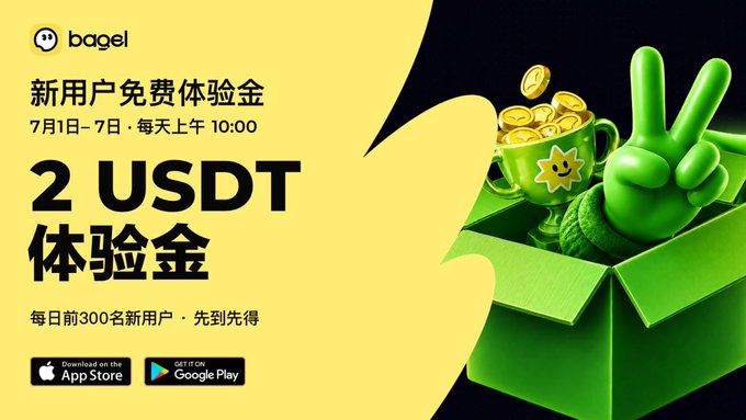 The image is a promotional banner for Bagel advertising a new user giveaway of 2 USDT experience bonus daily from July 1-7 at 10:00 AM, limited to the first 300 new users per day, featuring a green 3D character making a peace sign next to a trophy of gold coins, with App Store and Google Play download buttons.