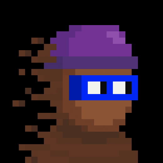 Pixel art character on a black background showing a brown figure wearing a purple cap and blue glasses with white eyes, with a fragmented brown lower section.