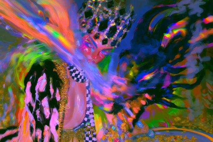 A vibrant, surreal digital artwork featuring a figure with pink lips wearing a bejeweled crown and checkered outfit, surrounded by colorful swirls of orange, blue, green, and black.