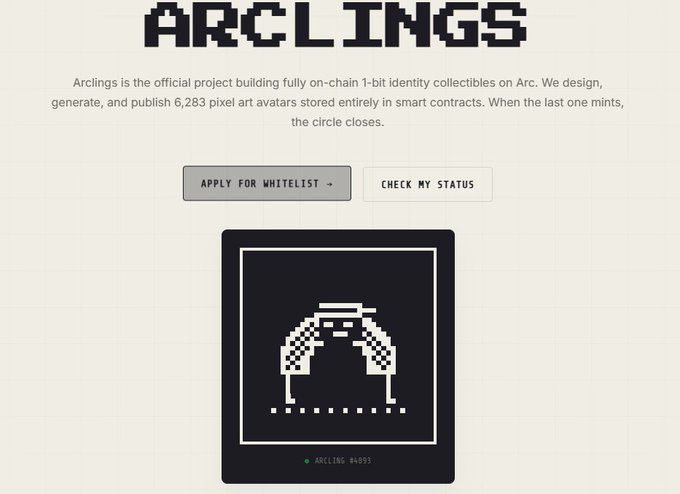 A webpage for 'ARCLINGS' describes the project as 'building fully on-chain 1-bit identity collectibles on Arc' with 6,283 pixel art avatars, featuring buttons to 'APPLY FOR WHITELIST' and 'CHECK MY STATUS' above a sample pixelated avatar named 'ARCLING #4893'.