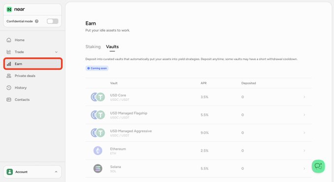 Screenshot of the 'noar' app showing the 'Earn' tab with staking vaults including USD Core (3.5% APR), USD Managed Flagship (5.5%), USD Managed Aggressive (9.0%), Ethereum (2.5%), and Solana (5.5%).