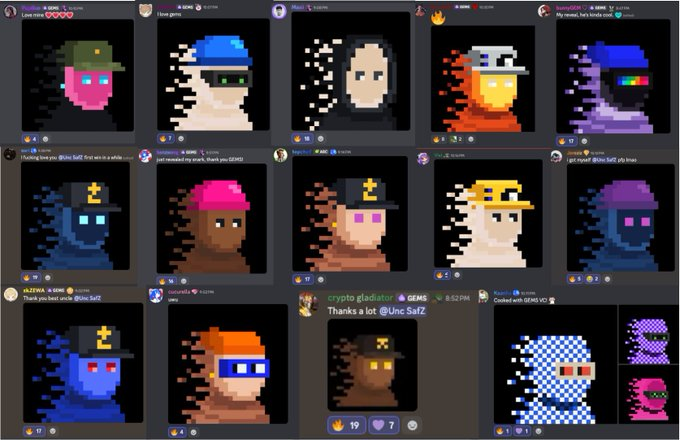 A grid of pixel art avatars displayed on what appears to be a Discord server, featuring various colorful character designs including a pink character in a green hat, a character with a blue cap, hooded figures, and characters with glitch effects. One post reads 'Thanks a lot @Unc SafZ' with a 'crypto gladiator' username.