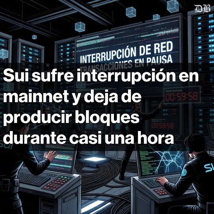 The image shows a group of people working together in front of a computer screen with the words "Interrupción de Sui Mainnet La red principal de Sui dejó de producir bloques durante casi una hora." The text suggests that there is an issue related to the mainnet and transactions, possibly involving the production of bloques. The people in the image are trying to resolve this problem by working together on a computer screen.