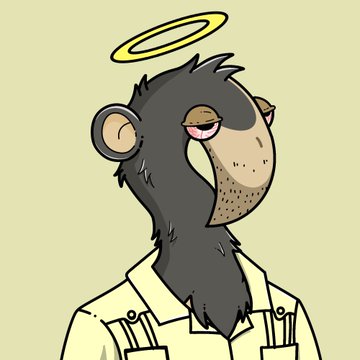 A cartoon illustration depicts a relaxed black bear with a halo above its head and half-closed eyes, wearing a light-colored button-up shirt against a pale yellow background.
