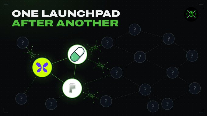 A graphic titled 'ONE LAUNCHPAD AFTER ANOTHER' showing a network diagram with icons including a pill, a butterfly-like symbol, and a 'P' logo, connected to multiple question marks.