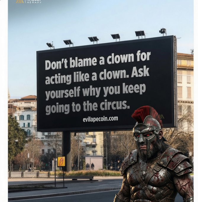 A street billboard displays the quote 'Don't blame a clown for acting like a clown. Ask yourself why you keep going to the circus.' by evilapecoin.com, with a bloodied armored Spartan warrior standing in front.