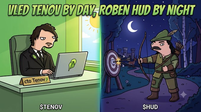A split cartoon illustration with the text 'IVLED TENOV BY DAY, ROBEN HUD BY NIGHT' showing a man in a suit at a desk labeled 'CTO TENOV' on the left, and a Robin Hood-like archer labeled '$HUD' on the right.