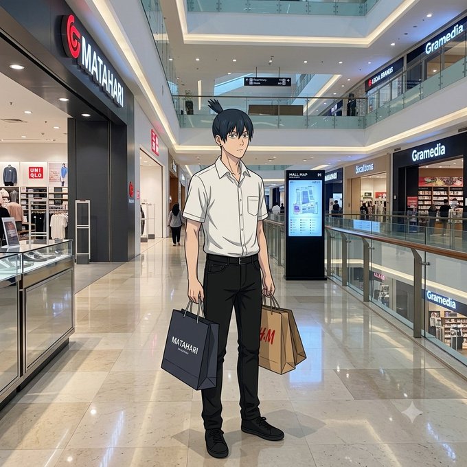 An anime-style young man in a white shirt and black pants holds MATAHARI shopping bags while standing in a modern shopping mall with Gramedia stores visible.