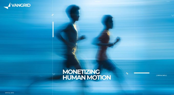 A stylized, blue-tinted motion-blurred image shows two runners passing each other, featuring the 'VANGGRID' logo in the top left and the text 'MONETIZING HUMAN MOTION' in the center.