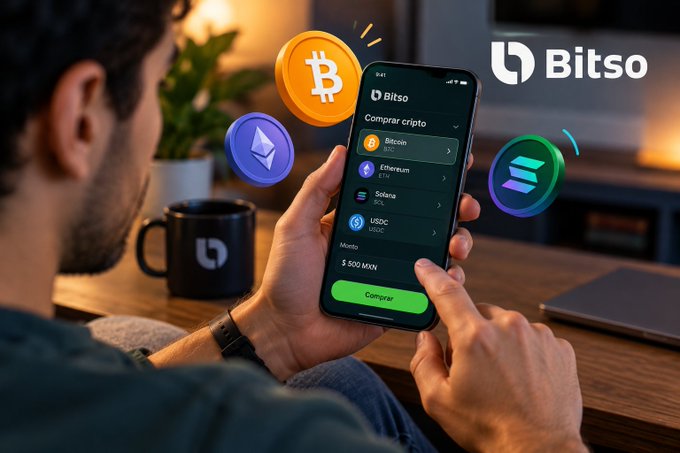 A man holding a smartphone displaying the Bitso cryptocurrency trading app showing options to buy Bitcoin, Ethereum, Solana, and USDC, with floating crypto coin graphics including a Bitcoin logo.