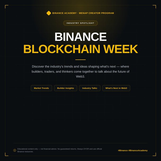 The image is a promotional graphic for "BINANCE BLOCKCHAIN WEEK," part of the Binance Academy MENAP Creator Program's Industry Spotlight, featuring tag categories like Market Trends, Builder Insights, Industry Talks, and What's Next in Web3. The design aligns with the accompanying post by visually emphasizing the event as a key gathering for industry conversations about crypto and Web3's future.