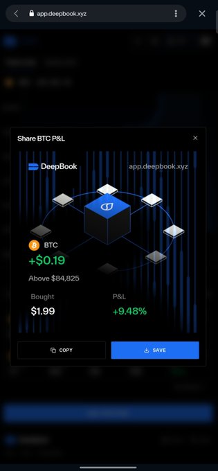 DeepBook.xyz app interface showing a 'Share BTC P&L' dialog with a +9.48% gain on a $1.99 investment for BTC above $84,825.