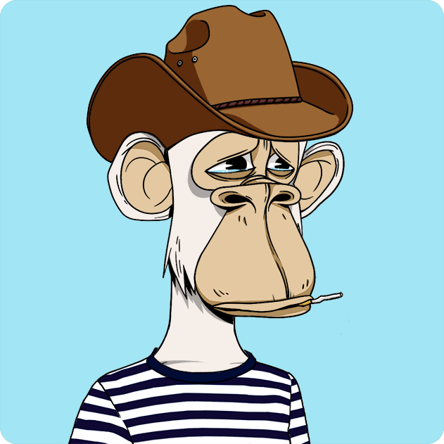 A cartoon illustration of a melancholy monkey wearing a brown cowboy hat and a blue-and-white striped shirt, holding a small stick in its mouth against a light blue background.
