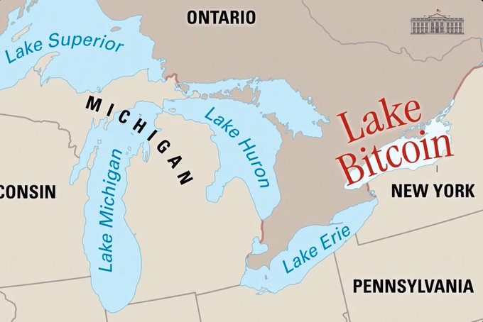 A map of the Great Lakes region humorously labeled with 'Lake Bitcoin' in place of Lake Ontario.