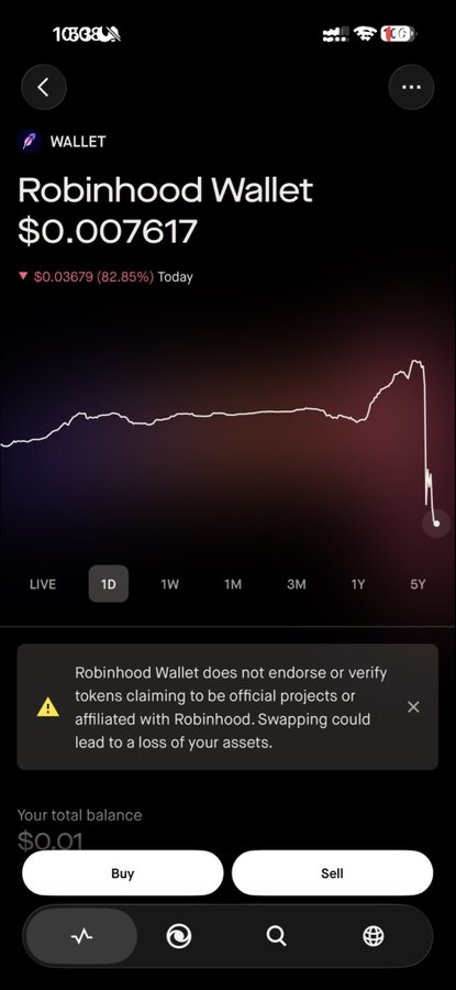 A Robinhood Wallet app screen displays the $WALLET token crashing, dropping from around $0.04 to $0.007617—an 82.85% loss—with a price chart showing a sharp cliff-like decline, alongside an official disclaimer warning that Robinhood does not endorse tokens claiming to be affiliated projects.