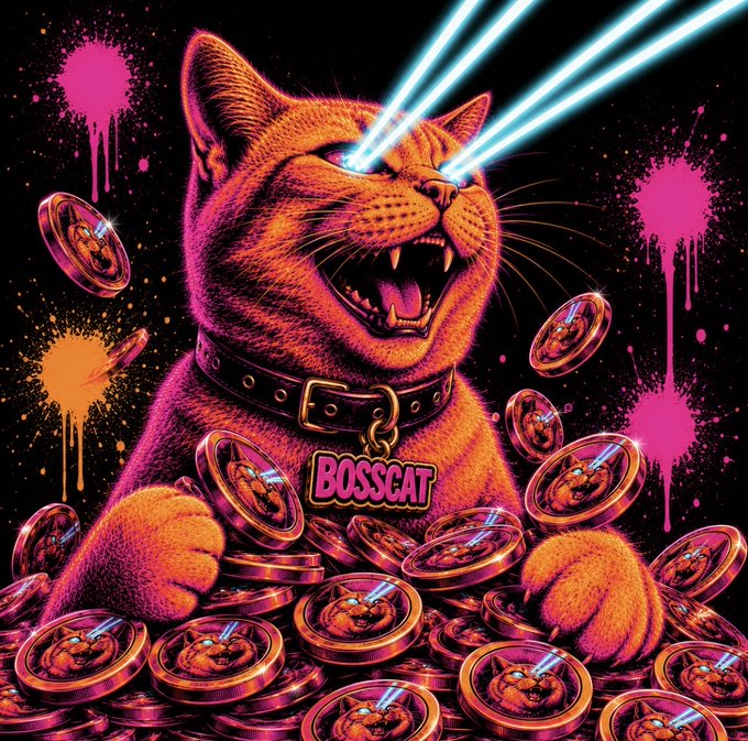 Vibrant retro-style digital illustration of an orange cat with laser beam eyes wearing a 'BOSSCAT' tag, surrounded by cat-faced coins and paint splatters.