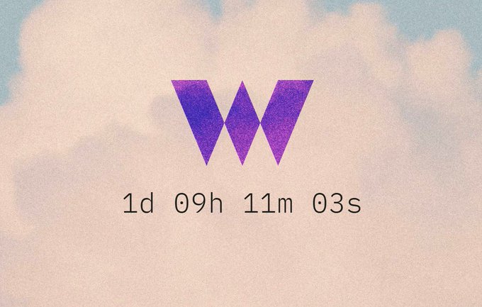 A countdown timer displays '1d 09h 11m 03s' beneath a purple 'W' logo against a cloudy sky background.