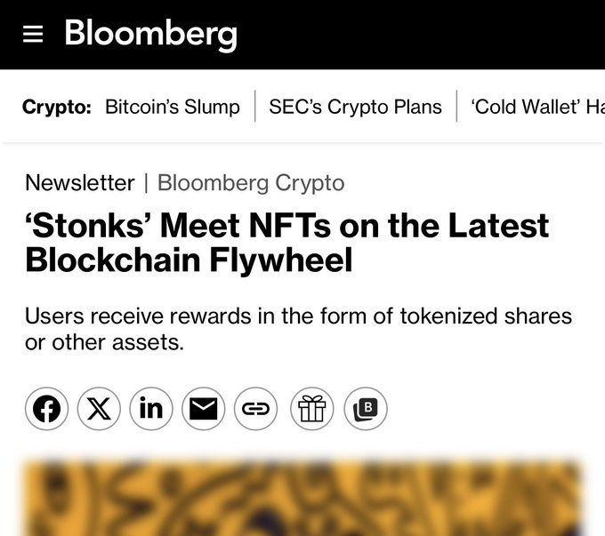 A Bloomberg newsletter headline reads "'Stonks' Meet NFTs on the Latest Blockchain Flywheel," highlighting how users receive rewards in tokenized shares or other assets, reflecting the post's claim that traditional finance (TradFi) and DeFi are merging sooner than many realize.