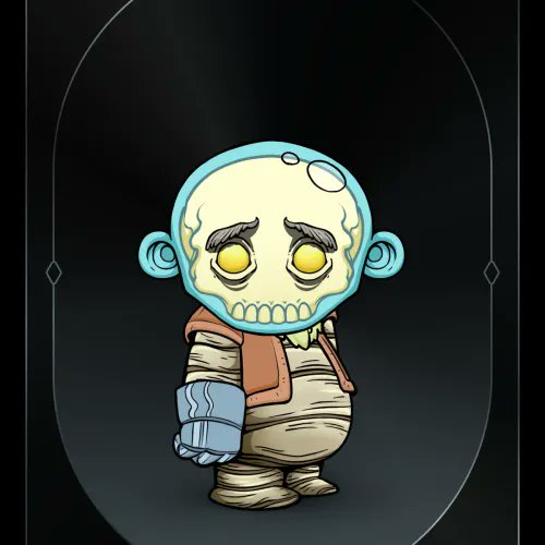 Stylized zombie mummy NFT-style character with glowing yellow eyes, cyan skull outline, brown vest, and bandaged arms, centered on a dark gradient background.