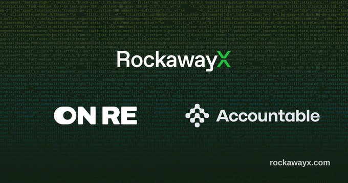 The image features a logo for a company called OnRe that offers uncorrelated reinsurance-backed yield. The logo includes three different symbols representing the company's services: a green "rockaway" symbol, a white "on re" symbol, and an "accurate" symbol. These symbols are arranged in a triangular formation on a dark background. The text below the logo reads "OnRe's uncorrelated reinsurance-backed yield is now available on Ethereum for the first time with our latest curated vault on @AccountableData".